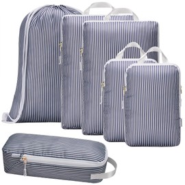 Vatalife Compression Packing Cubes for Carry On Luggage - Ultralight Water Resistant Suitcase Organizer & Space Saver Bags for Travel with Drawstring Backpack/Laundry Bag, 6pc Set - Grey Stripe
