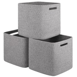 OIASKET Storage Cube 3 Pack, Woven Cotton Grey Storage Cubes, 11 * 11 Inches, Square Baskets for Organizing, Living Room, Baby Nursery Room