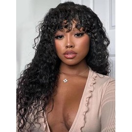 Semicaopㅤ Curly with Bangs Human Hair Wear and Go Glueless Wigs Curly Human Hair Wig with Bangs for Women Loose Curly Wig for Free Party（28 inches）