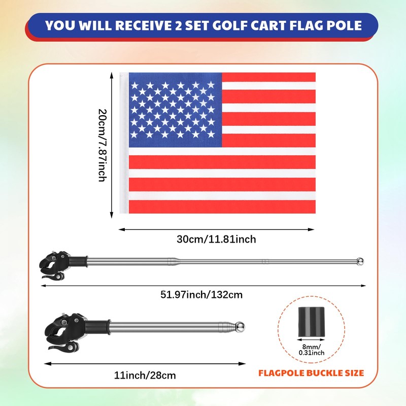 2 Set Golf Cart Safety Flag Pole Reflective Orange, American