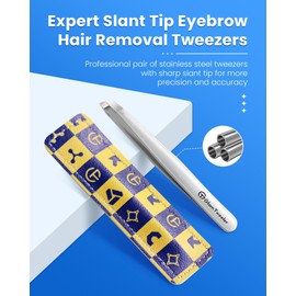 Expert Slant Tip Tweezers with Leather Case, GlamTweeler Sharp & Precision Stainless Steel Tweezer for Eyebrows, Facial Hair and Fine Hairs Removal (Sparkle Silver)