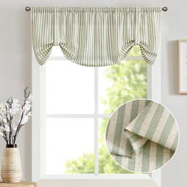 jinchan Tie Up Linen Textured Striped Bow Tie Curtain for Kitchen Bathroom Rod Pocket Pinstripe Valance Window Treatments Ticking Stripe Pull Cord Valance 1 Panel 18 Inch Sage Green on Linen