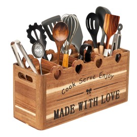 Kitchen Utensil Holder, Large Acacia Wood Organizer for Countertop | Extra Large Farmhouse Style with 4 Compartments, Rustic Wooden Storage for Cooking Tools & Cutlery