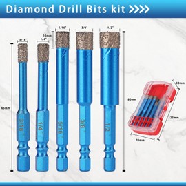 FASTVENIENT Diamond Drill Bits Set,5pcs Tile Hole Saw,Diamond Hole Saw Size(3/16”,1/4”, 5/16” 3/8”, 1/2”),1/4 Inch Hex Shank for Glass,Ceramic,Porcelain,Tiles,Marble Brick,Granite,Quartz Pots,Acrylic