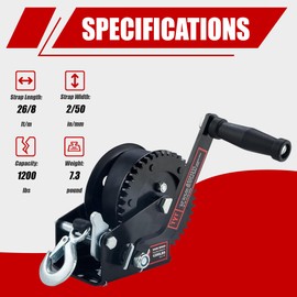 TYT 1200LB Boat Trailer Strap Winch with 8M Black Rope, Standard Mounting Hole Crank Hand Winch with Hook, Two Way Ratchet Manual Gear Winch for Towing Pulling Boat Trailer Truck RV ATV Jet Ski Winch