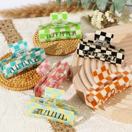 Paderison 2Pcs Checkered Rectangle Multicolored Claw Barrettes - Strong Hold Y2K Hair Accessories for Thin and Thick Hair (Red)