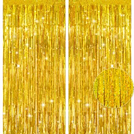jijAcraft Gold Metallic Tinsel Curtains: 2pcs Glitter Tinsel Foil Fringe Curtains, 1 x 2.5m Backdrop Curtain, Party Streamers Curtain Decoration for Birthday Wedding Graduation Christmas Party