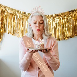 Casoty Rose Gold 80th Birthday Sash and Tiara for Women, 60th Birthday Decorations for Women, 80 and Fabulous Sash and Crown Set, Womens 80th Birthday Gifts