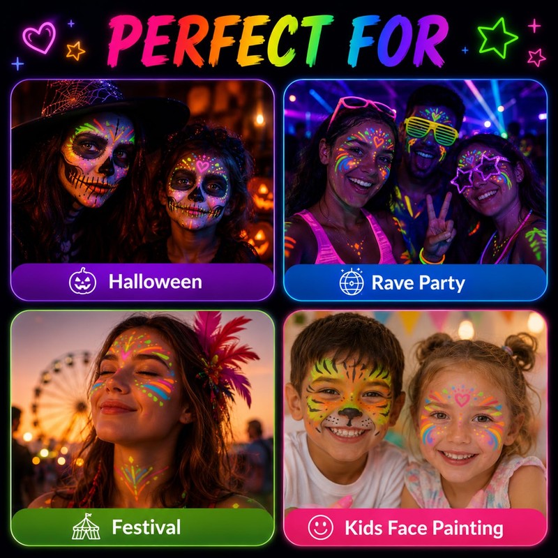 12 Pack UV Neon Face & Body Paint Sticks, Vibrant
