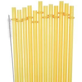 SUNDEE Reusable Plastic Straws Fit for Mason Jars, Tumblers, Long Rainbow Colored Unbreakable Drinking Straws, BPA Free and Eco Friendly, Set of 12 Pcs Straws with Cleaning Brush - Yellow