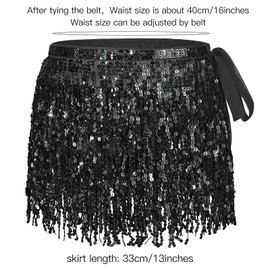 Women's Sequin Fringe Skirt Sparkle Tassel Skirts Belly Dance Hip Scarf for Women and Girls Festival Party Rave Costume (Black)