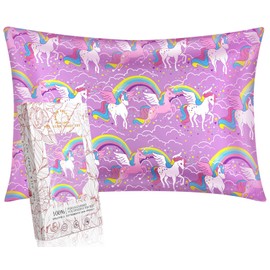 Miss Adola 1 Pack Kids Pillowcase - Queen Size 30 x 20 Inches 19 Momme Mulberry Silk Zipper Pillow Case for Hair and Skin Cute Cartoon Kawaii Rainbow Unicorn Silk Pillowcase for Teens Girls Boys