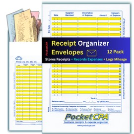 PocketCPA 3-in-1 Receipt Organizer Envelopes with Expense & Mileage Logs | 12-Pack | Organize Receipts, Track Business Expenses & Record Auto Mileage | 9.5" x 6.5" | Made in USA.