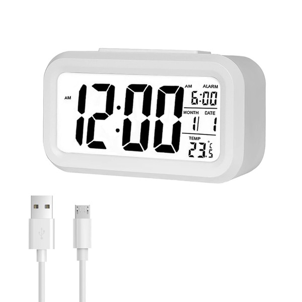 Jsdoin Digital Alarm Clock, Alarm Clock with Large LED Temperature Display, Snooze Time, Light Display, Date Display, Bedroom, Bathroom Clock and Office (Rechargeable)