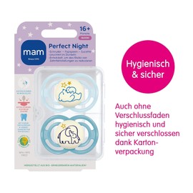 MAM Perfect Night Dummy Set of 2, Glow in the Dark, Tooth-Friendly Baby Dummy Made from Sustainable & Organic Renewable Materials, with Dummy Box, 16+ Months, Bear/Elephant