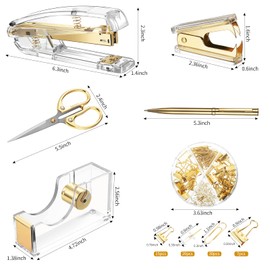 Office Supplies Set Desk Accessory Kit, Acrylic Stapler Set Staple Remover, Tape Dispenser, Binder Clips, Paper Clips, Ballpoint Pen and Scissor with 1000 Pieces 26/6 Staples (Gold)