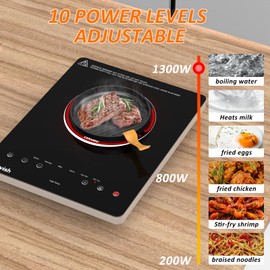 Electric Cooktop, TOPWISH 110-120V Electric Stove Top Single Burner Cooktop LED Touch Control, Child Lock, 10 Power Level, Residual Heat Indicator, 1300W Plug in Glass Countertop Burner for Cooking