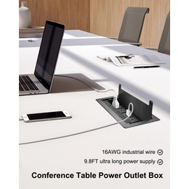 Conference Table Hub Power Outlet with 3 AC Power Outlets and USB Fast Charging, 9.8FT Power Cord Embedded Outlets, Heavy-Duty Desktop Socket Connectivity Box for Office, Home, Study Spaces