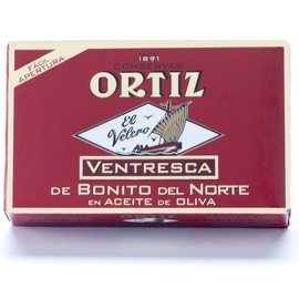 Ortiz Ventresca White Tuna Belly in Olive Oil, Tender Buttery Fillets with Exquisite Flavor, Superior Wild Caught Tuna Packed in Delicate Spanish Olive Oil, 3.88oz Can (Pack of 1)