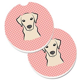 Caroline's Treasures BB1222CARC Checkerboard Pink Yellow Labrador Set of 2 Cup Holder Car Coasters Absorbent Sandstone Coasters for Car Cup Holders Gifts for Men or Women, Large, Multicolor