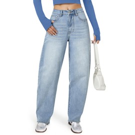 AUWUKA Barrel Jeans for Women, High Waisted Wide Straight Leg Boyfriend Microelastic Womens Mom Jeans Light Blue