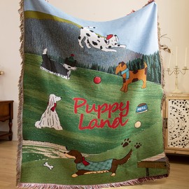 LOSIVISHE Vintage Woven Throw Blanket – 80% Polyester 20% Cotton, Soft & Breathable Dog Pattern Sofa Blanket, Decorative Fringe Blanket for Couch, Bed, Wall Hanging, Camping & Picnic