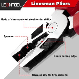 LEONTOOL 8-Inch High Leverage Combination Pliers Serrated Jaw Side Cutters Heavy Duty Chrome Nickel Steel Linesman Pliers Multi-Component 35% Less Effort Professional Hand Tool