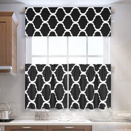 Melodieux Set of 2 Moroccan Fashion Tier Curtains for Kitchen, Geometric Lattice Rod Pocket Curtains for Cafe Bathroom Small Windows, 36 Inch Length, Black