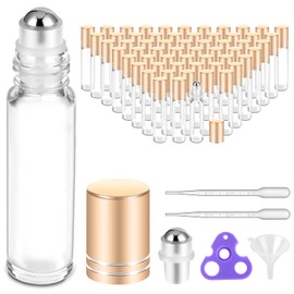 Essential Oil Roller Bottles 10 ml (Clear Glass, 60 Pack, 10 Extra Roller Balls,72 Labels, 4 Opener, 4 Funnels,4 Pipettes by PrettyCare) Roller Balls For Essential Oils, Roll on Bottles for DIY