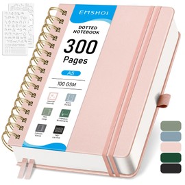 EMSHOI Bullet Dotted Journal Spiral Notebook - 300 Pages, A5 Hardcover Leather, 100 GSM Thick Dot Grid Notebook for Women Men Work Writing, Bullet Journaling, Drawing, 5.7" x 8.22", Rose Gold