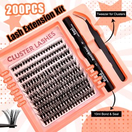 200 Pieces DIY Eyelash Extensions Set, 0.07D, 8-16 Mix, 40D Eyelashes, Individual False Eyelash Clusters with Eyelash Glue and Tweezers for Beginners, Reusable Eyelash Clusters (200P-40D)
