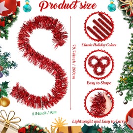 Cindeer 66 Feet Christmas Tinsel Garland Decoration Chunky Tinsel Thick Hanging Luxury Tinsel for Christmas Party Indoor and Outdoor Decor(Red)