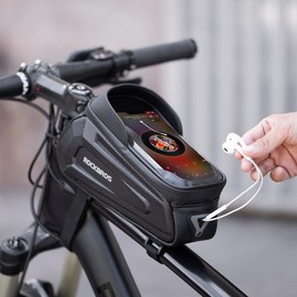 ROCKBROS Bicycle Bag, Top Tube Bag, Road Bike, Smartphone Holder, Waterproof, Frame Bag, Compatible with 6.8 Inches, Easy for Large Machines, Large Capacity, TPU High Sensitivity Touch Screen, Rain Cover, Light Blocking, Abrasion Resistant, Easy Installation, Black
