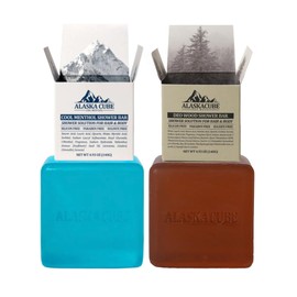 Alaskacube Shower Bar Body Bath Soap (Set of 2) Cleanser Cooling Refreshing Effect Rich Foam Body Wash Shampoo Deodorant for Face and Body Menthol Mint Sandalwood Woody for men and women