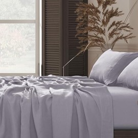 Tribeca Living 100% French Linen 4-Piece Bed Sheet Set, Silver Grey, Cal King Sheets - Extra Deep Pocket Bed Sheet Set, European Flax Certified, Garment Washed, Solid