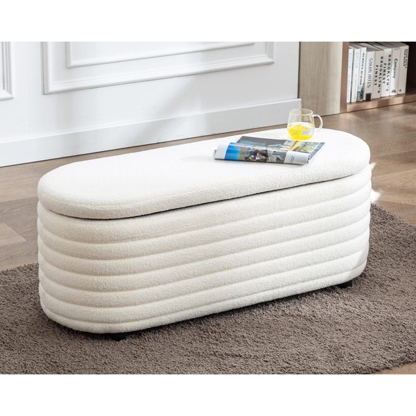 DM Furniture Storage Ottoman Bench Upholstered Fabric Storage Bench End of Bed Stool with Safety Hinge for Bedroom, Living Room, Entryway (44.5-inch, White) (TN2436)