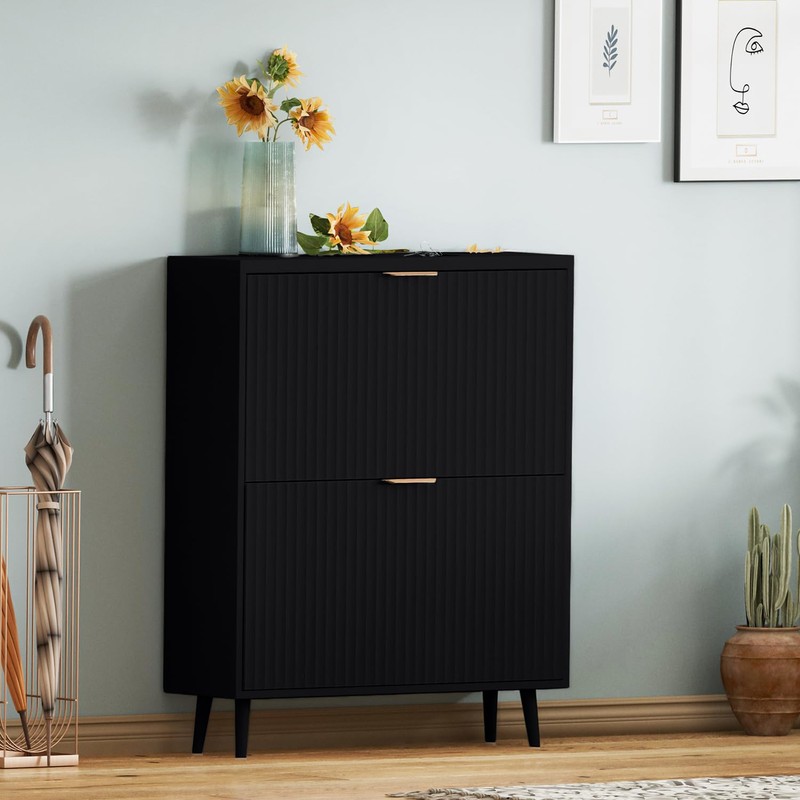 QIVOMIX Shoe Cabinet Storage,Modern Freestanding Organizer with 2 Flip Drawers,Narrow