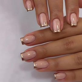 Hebterrka 24 Stück Gold French Tip Nägel zum Aufkleben, Mittellange Quadratische Künstliche Fingernägel, Full Cover für Fingernägel, Gelnägel für Maniküre