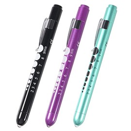 3pcs Pen Light,Nurse Medical Reusable LED Penlight White Light with Pupil Gauge and Ruler (Black + Purple + Teal)