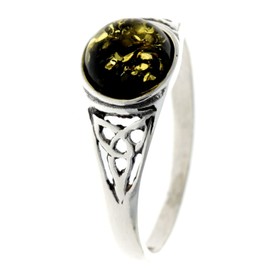 SilverAmber Jewellery Silver Amber Jewellery - 925 Sterling Silver Celtic Designer Ring with Green Baltic Amber - UK Ring Size P - AR5GP, Gemstone