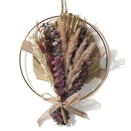 Optyuwah Dried Flower Wreath with Gold Metal Ring, 33 cm Long and 7 Different Dried Flowers, Boho Window Decoration, Hanging Decoration, Flower Wreath, Door Wreath, Dried Flower Ring for Wall, Door,