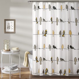 Lush Decor Rowley Birds - Cortina de Ducha de 72 Pulgadas de Ancho x 72 Pulgadas de Largo, Amarillo y Gris, diseño de pájaros Florales Coloridos, Cortina de Ducha de pájaros caprichosos y juguetones,