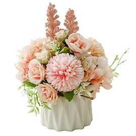 Magicwolf Juego de Flores Artificiales con jarrón de cerámica pequeño, Ramo de hortensias de Rosas, arreglos de Flores Falsas, Decoraciones para Bodas, Oficina, Mesa, hogar, Fiesta (Rosa
