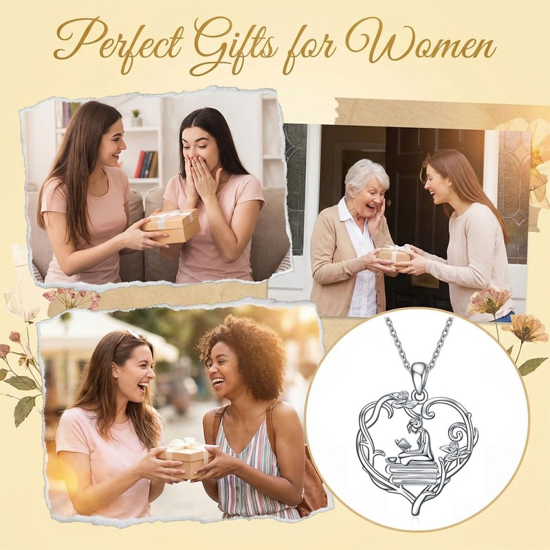 Book Lover Necklace for Women Silver Reading Book Pendant with