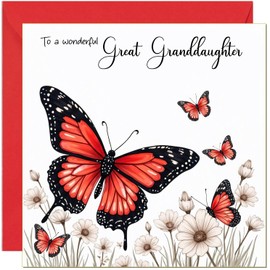 Great Granddaughter Birthday Card Red Butterfly & White Flower Design - With Red Envelope - Cute Birthday Cards for Great Granddaughter