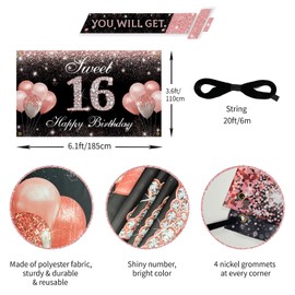 HTDZZI Sweet 16 Birthday Backdrop Banner Rose Gold, Sweet Sixteen Party Decorations, Happy 16th Birthday Decorations for Girls, 16 Year Old Birthday Yard Sign Photo Props Decor Supplies, Fabric