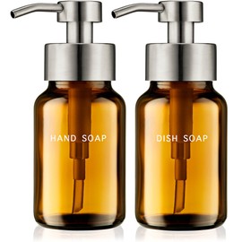 Mervelo 8.5oz Amber Glass Liquid Soap Dispenser - Refillable Pump Dispenser for Kitchen Sink & Bathroom Set - 2-Pack Stainless Steel - Ideal for Liquid Soap, Dish Soap & Hand Soap Essentials