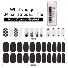 LabTabBa 34pcs Gloss Nail Strips, UV-Free Nail Stickers, Nail Polish Strips Gradient Full Nail Wraps, Self-Adhesive Glitter Nail DIY, 12 Sizes with Cuticle Stick and Nail File