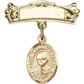 Bonyak Jewelry Saint Medal Collection Gold Filled Baby Badge with St. Maximilian Kolbe Charm and Arched Polished Badge Pin 7/8 X 3/4 inches