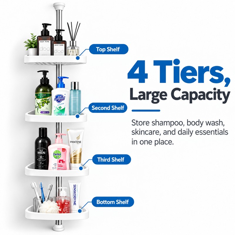 4-Tier Corner Shower Organizer for Bathroom Storage – Adjustable Tension